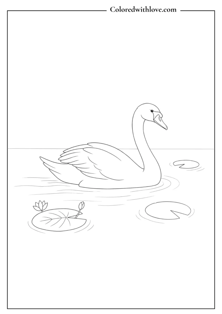 Elegant swan gliding smoothly on water with simple lily pads minimalist coloring page.