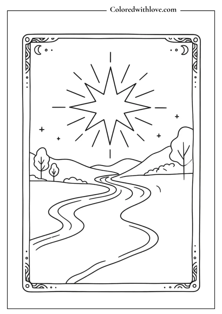 Tarot card design showing a large star over a wavy river minimalist coloring page.