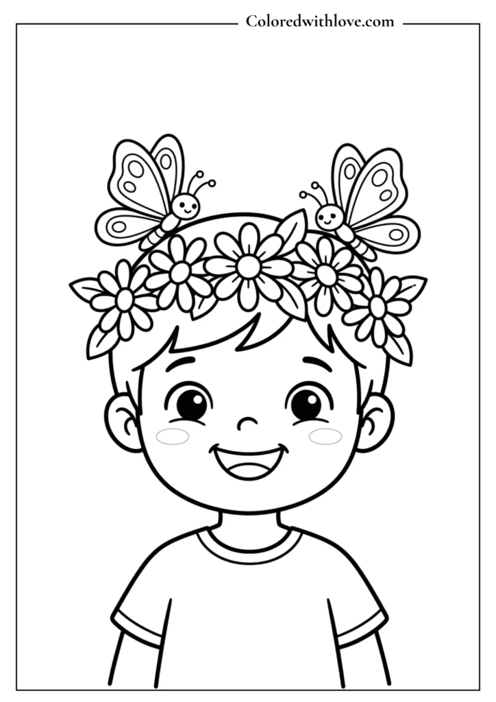 Smiling child wearing a flower crown with landing butterflies, cute vector coloring page.