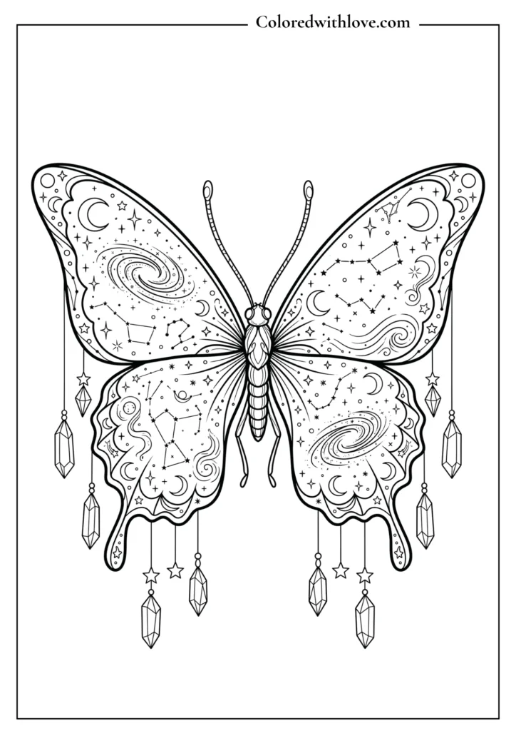 Fantasy celestial butterfly with galaxy, stars, and crescent moon patterns, detailed coloring page.