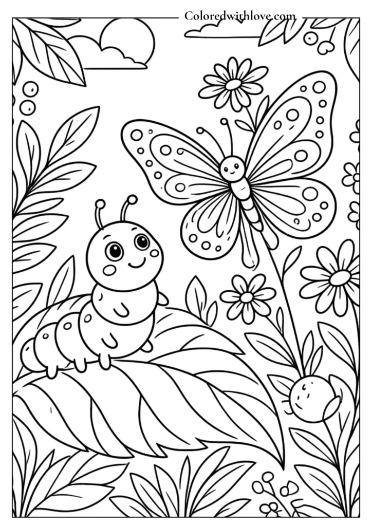 Two simple cartoon butterflies over a garden fence, easy kids butterfly coloring sheet.
