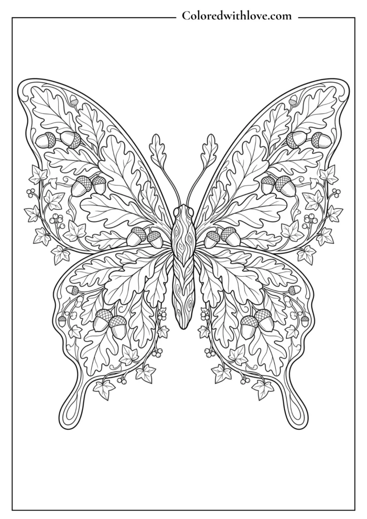 Fantasy forest spirit butterfly with oak leaf and ivy wings, detailed adult coloring page.