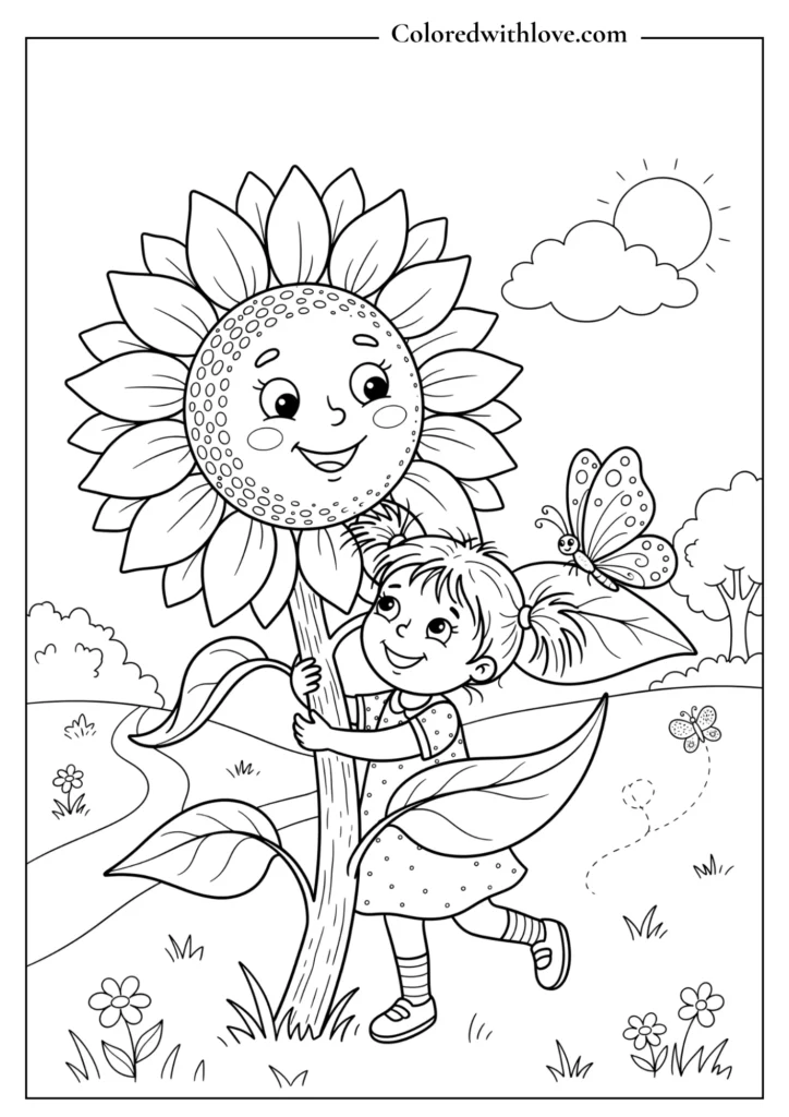 Little girl hugging a giant cartoon sunflower with a butterfly, simple garden coloring sheet.