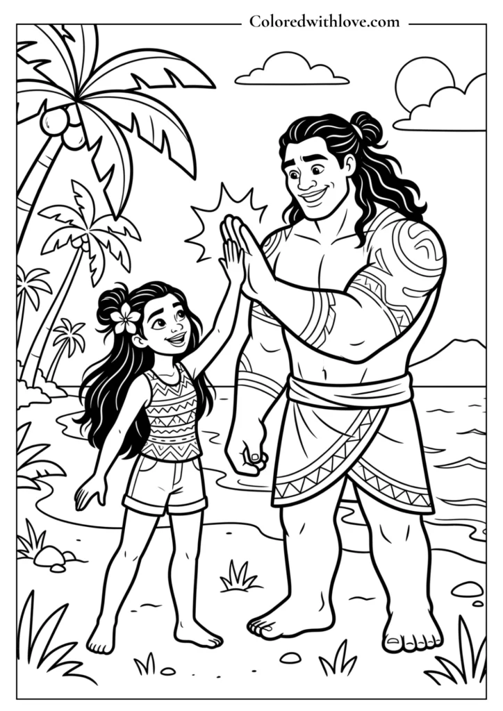 Moana and Maui giving an epic high-five on the beach - free printable coloring page