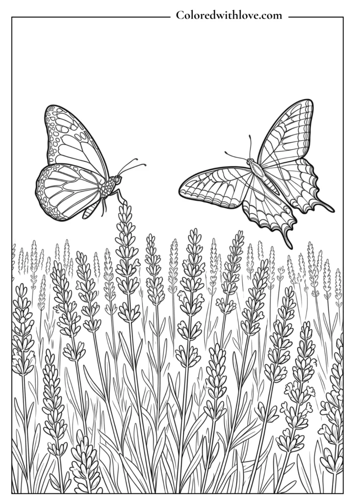Two realistic butterflies flying over a field of lavender stems, botanical line art coloring page.