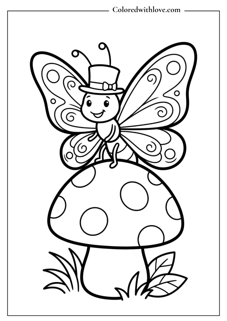 Whimsical cartoon butterfly with a tiny top hat on a mushroom, preschool coloring page.