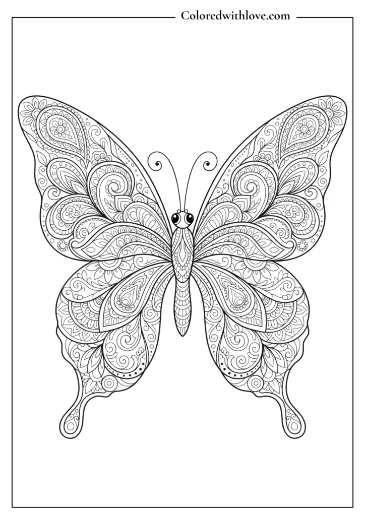 Symmetrical mandala butterfly with intricate paisley and geometric wing patterns, adult coloring page.