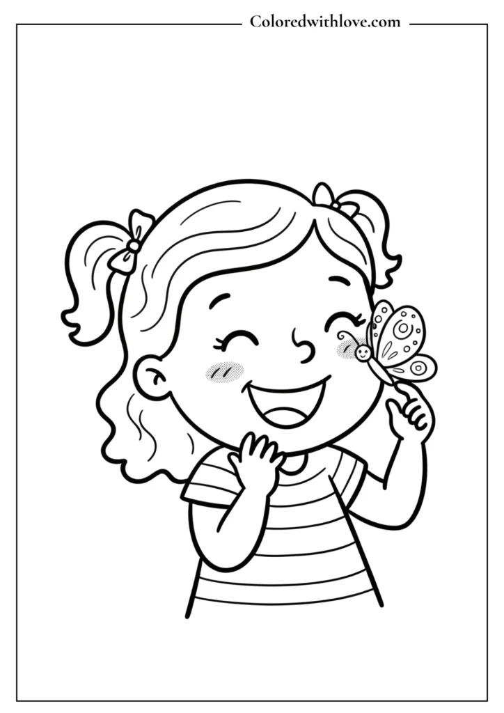 Cute cartoon girl giggling with a friendly butterfly on her nose, simple kids coloring page.
