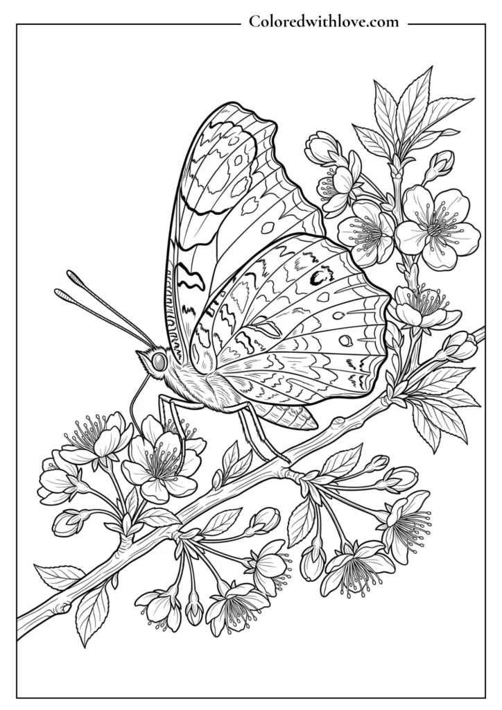 Profile view of a peacock butterfly on a cherry blossom branch, realistic coloring sheet.