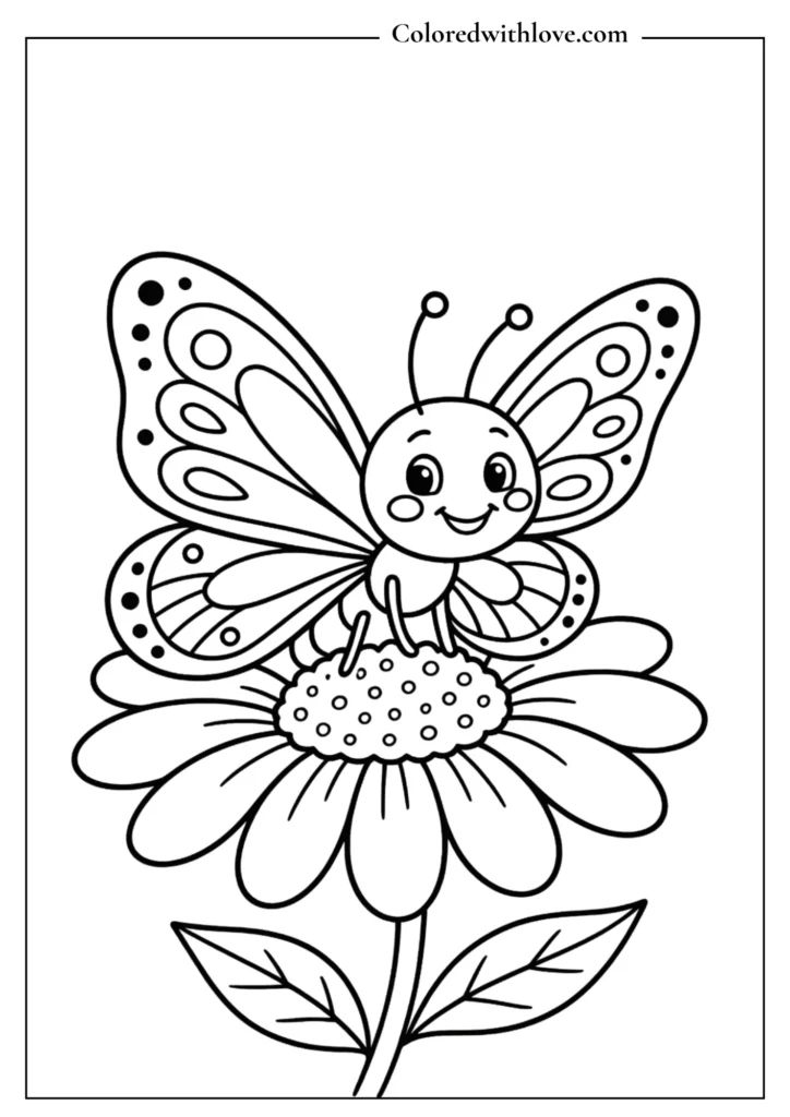 Simple cartoon butterfly on a daisy flower, easy butterfly coloring page for kids.