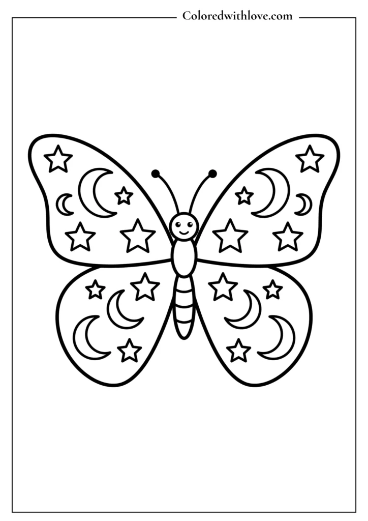Simple butterfly coloring page featuring easy stars and crescent moon wing patterns.