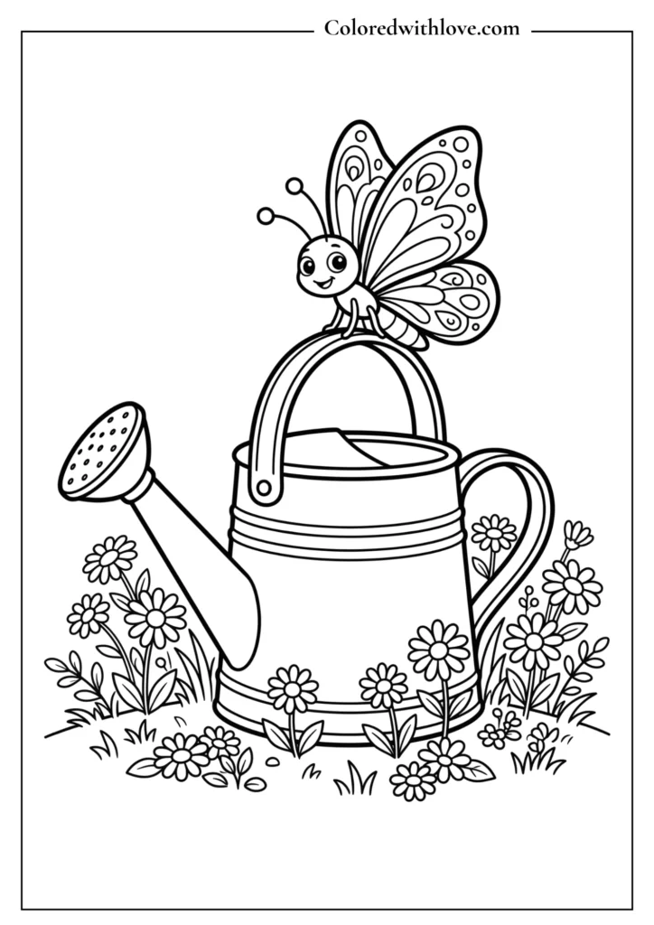 Friendly cartoon butterfly resting on a gardening watering can with daisies, kids coloring page.