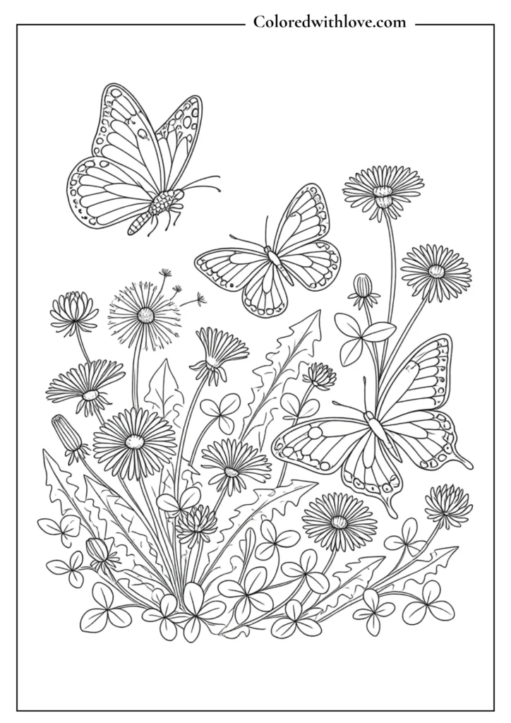 Three realistic butterflies fluttering over clover and dandelions, detailed nature coloring page.