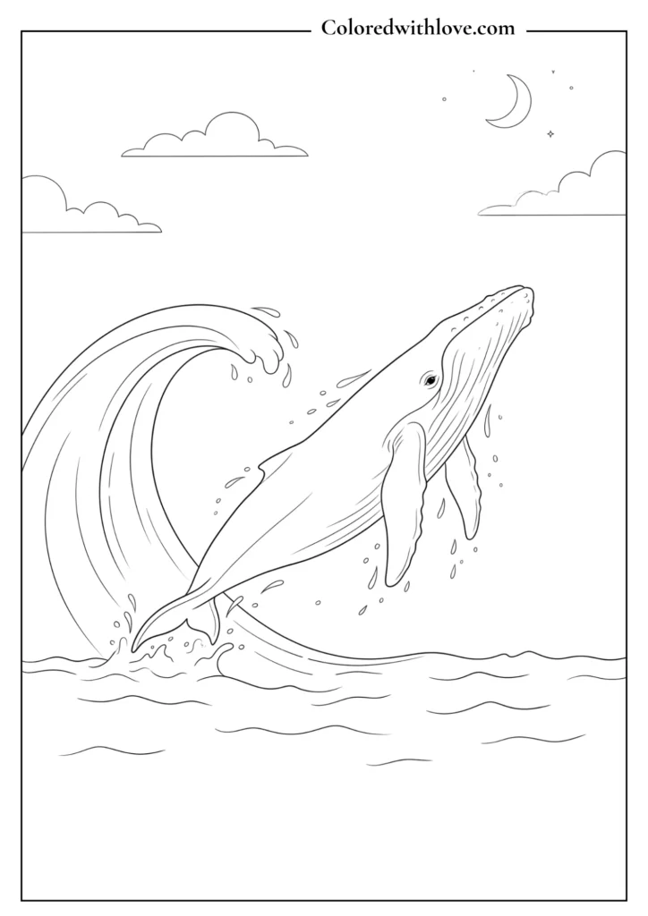 Minimalist coloring page of a majestic whale breaching under a peaceful sky.