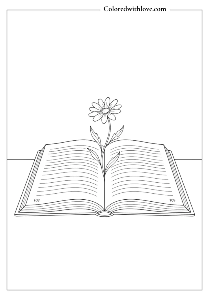 Minimalist coloring page of a delicate wildflower growing out of an open book.