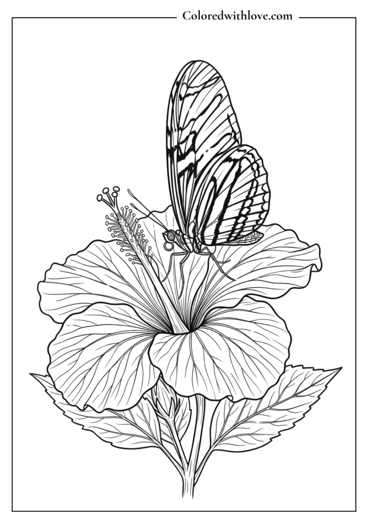 Zebra longwing butterfly resting on a tropical hibiscus flower, botanical coloring sheet.