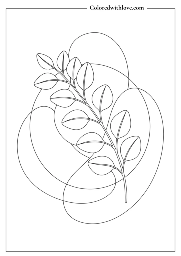 Zen abstract composition of overlapping geometric shapes and a eucalyptus branch minimalist coloring page.