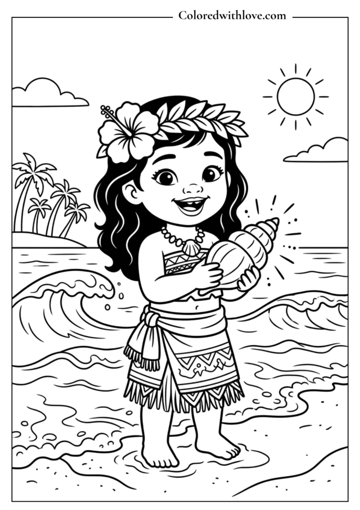 Toddler Moana holding a glowing seashell on the beach - printable Moana coloring page