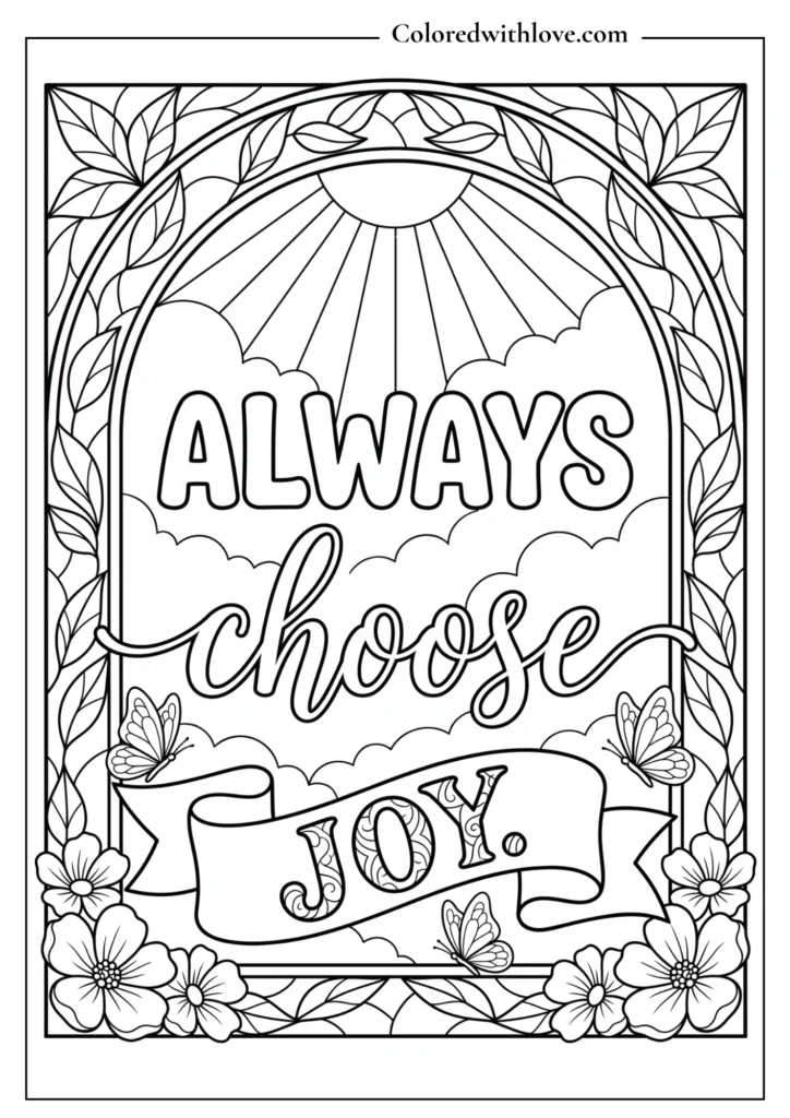 Aesthetic floral coloring page featuring an arched stained-glass frame, flying butterflies, and the quote "Always Choose Joy."