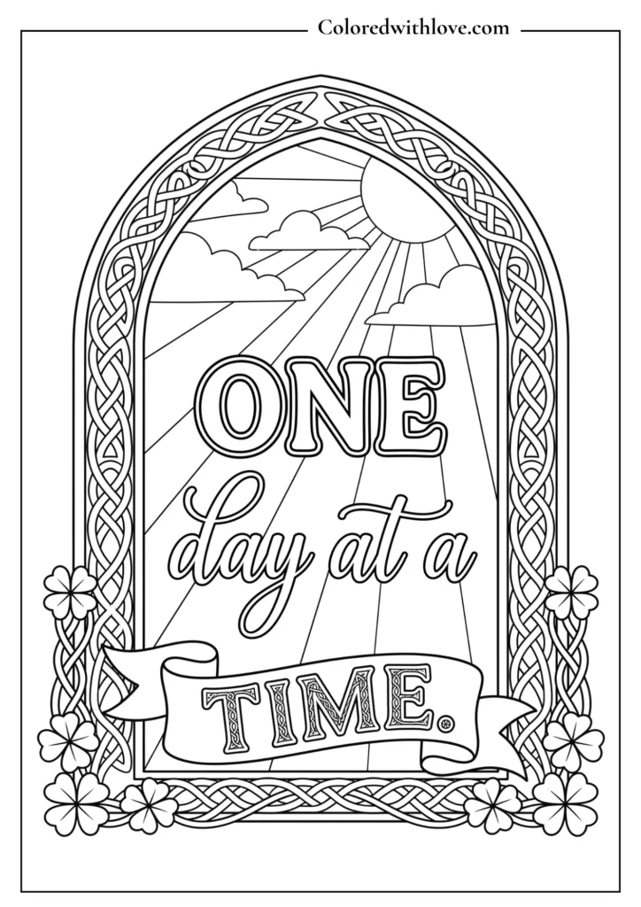 Aesthetic coloring sheet with clean line art stars, crystals, and a blank geometric frame for custom quotes.