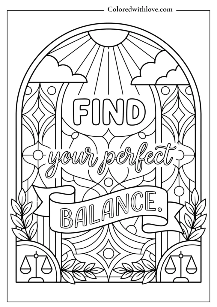 Symmetrical kaleidoscope-style coloring page with clean geometric patterns and a banner reading "Find Your Perfect Balance."