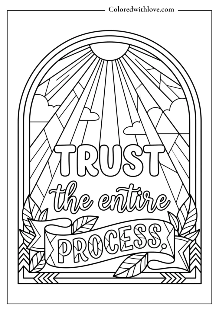Modern geometric coloring page with diamond patterns, chevron details, and the text "Trust The Entire Process."