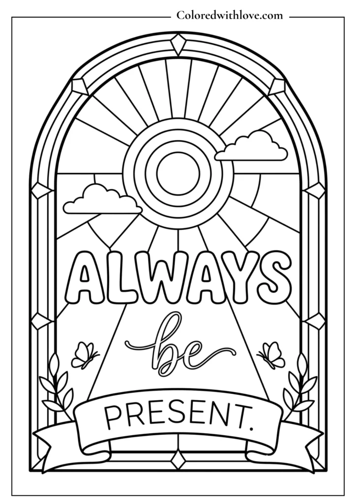 Minimalist geometric coloring page with concentric circles, simple leaves, and the message "Always Be Present."