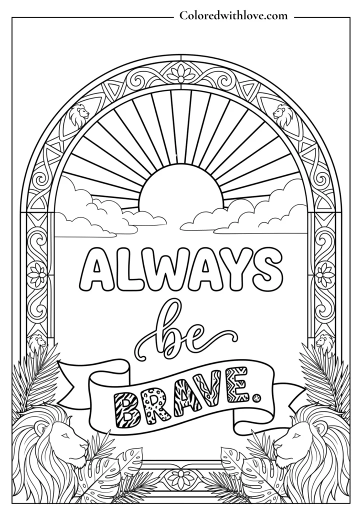 Majestic lion head coloring page for adults with a stained-glass frame, tropical leaves, and the quote "Always Be Brave."