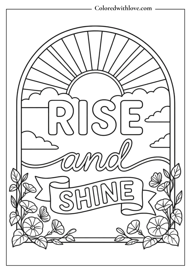 Morning sunburst coloring sheet with morning glory flowers, soft clouds, and the text "Rise and Shine."