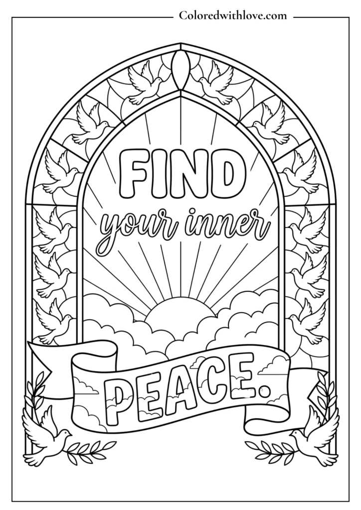Peace dove coloring page featuring soft cloud outlines, olive branches, and the text "Find Your Inner Peace."