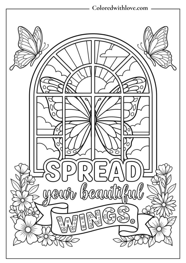 Symmetrical butterfly coloring page with clean, bold line art wing patterns and a banner reading "Spread Your Beautiful Wings."