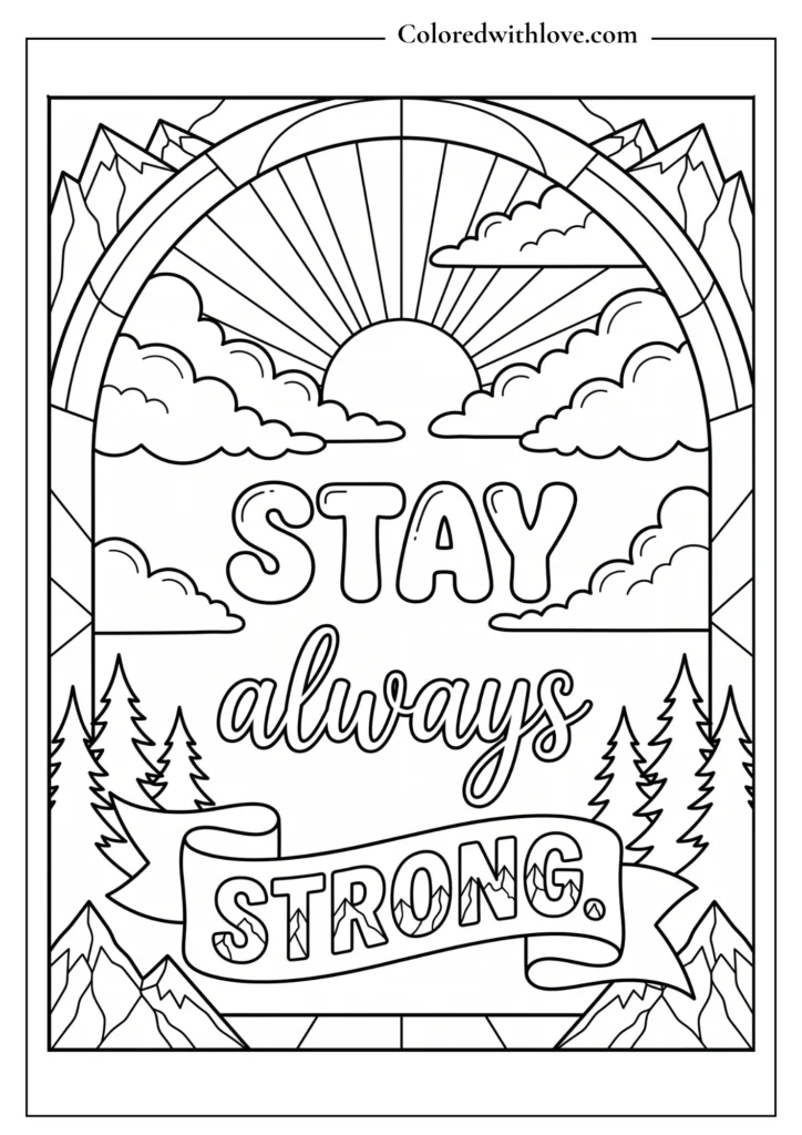 Mountain landscape coloring page inside a stained-glass archway with pine trees and the quote "Stay Always Strong."