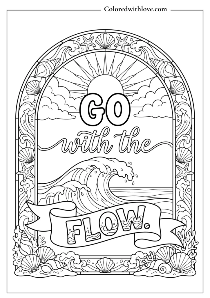 Wave and ocean coloring page with seashells, clean water ripples, and a banner reading "Go With The Flow."