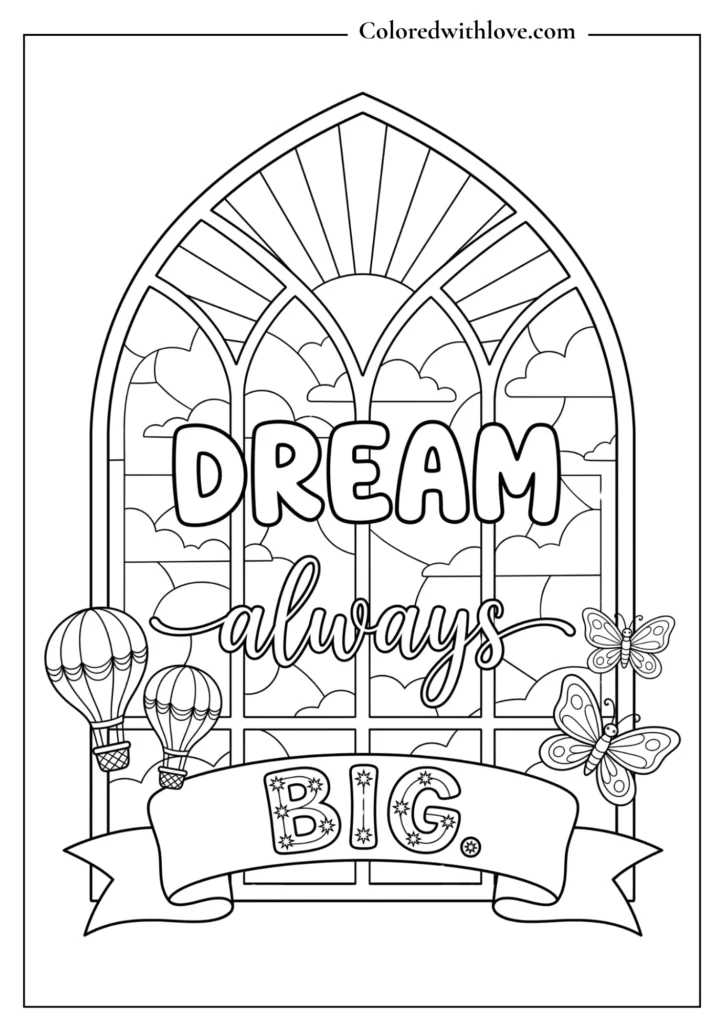 Whimsical hot air balloon coloring page with soft clouds, star patterns, and the quote "Dream Always Big."