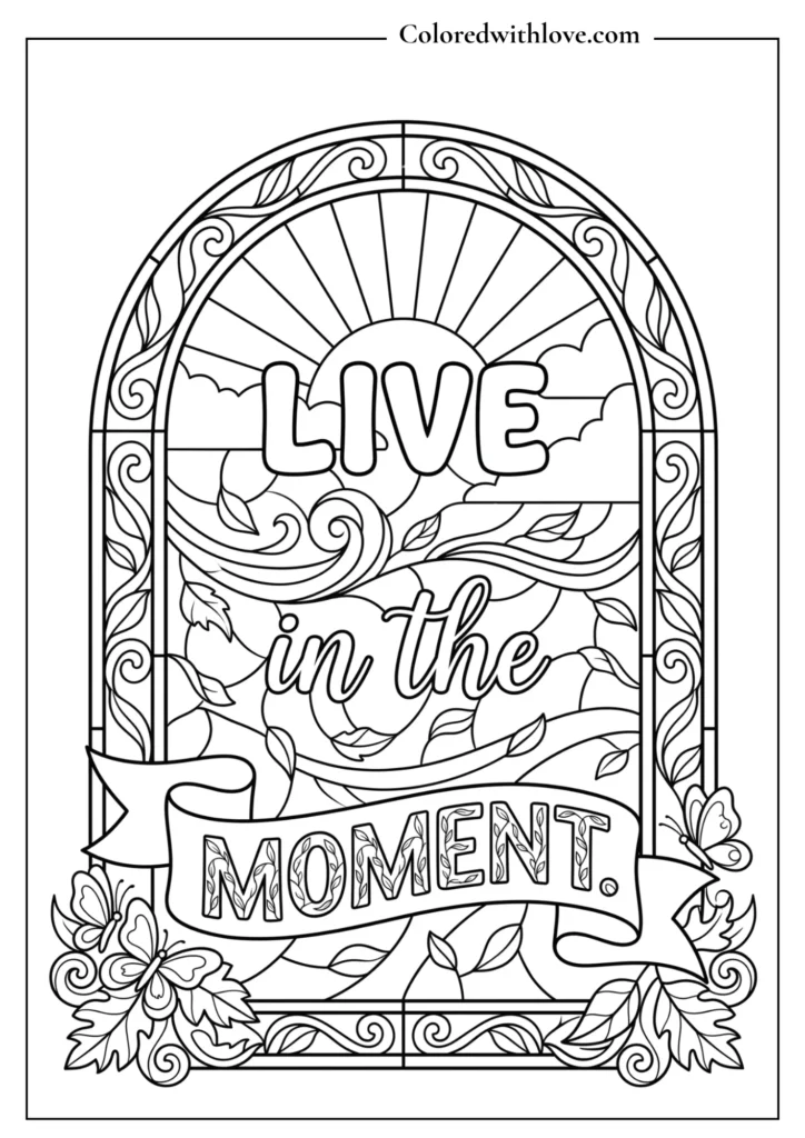 Swirling autumn leaves coloring sheet with an arched stained-glass border and the message "Live In The Moment."