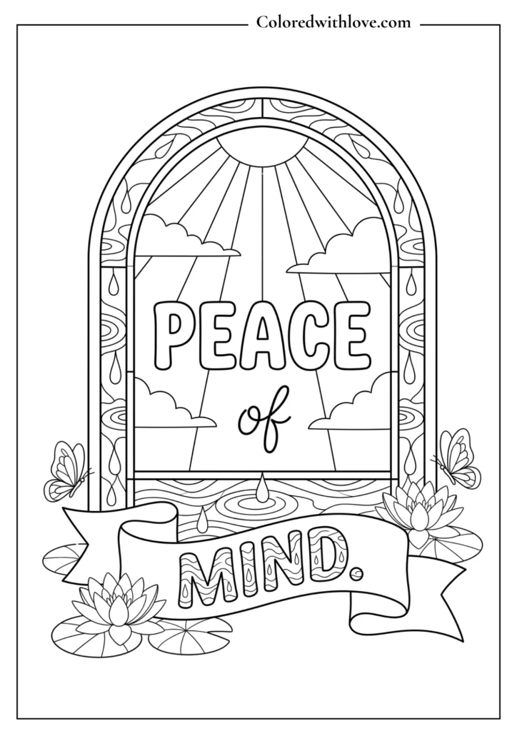 Calm water ripple coloring page with clean concentric lines, water lilies, and the quote "Peace Of Mind."