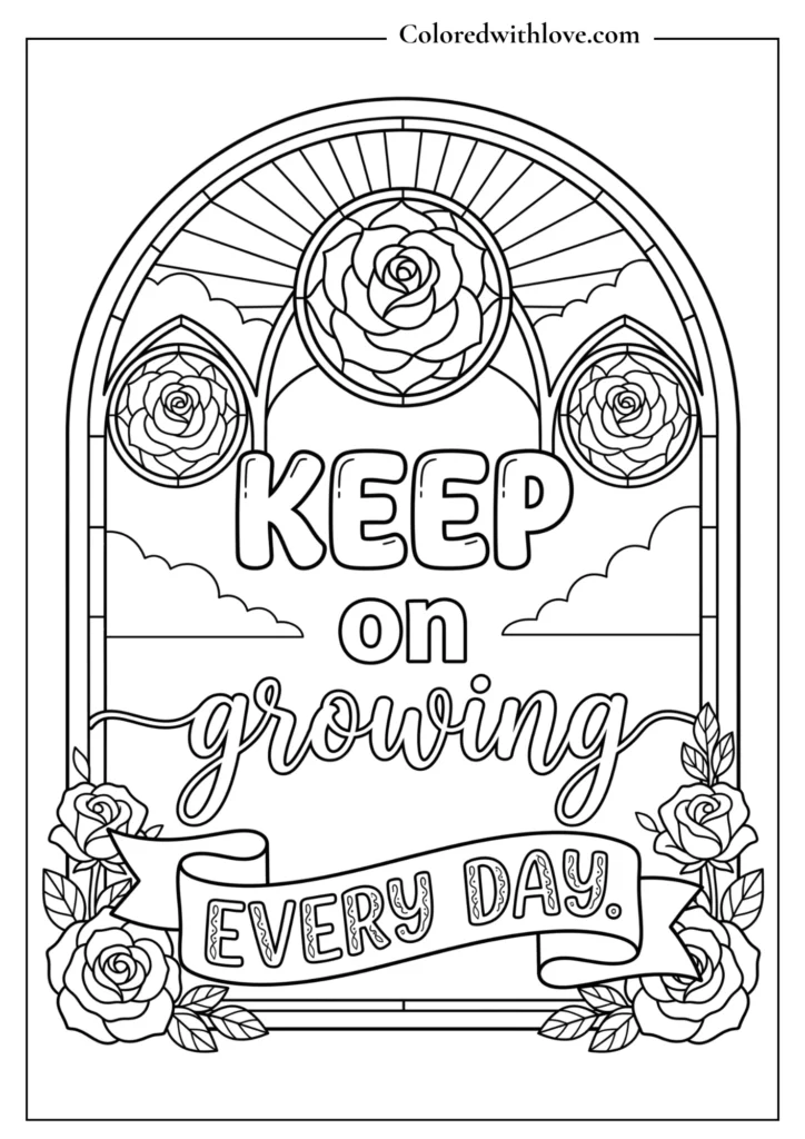 Black and white printable coloring page with roses, radiating sunbeams, and a banner reading "Keep on Growing Every Day."