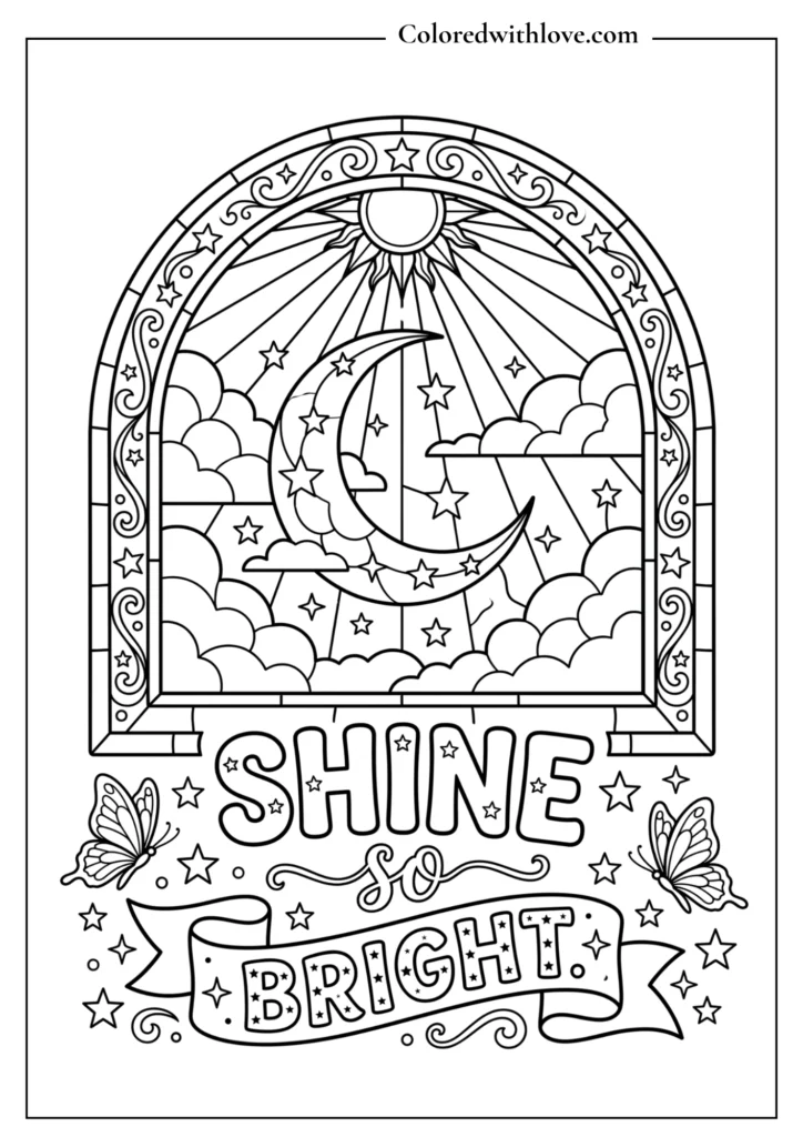 Celestial adult coloring page featuring a crescent moon, stars, and a banner reading "Shine So Bright."