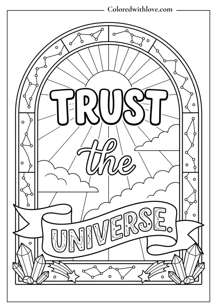 Aesthetic galaxy coloring sheet with clean line art stars, crystals, and a blank geometric frame for custom quotes.