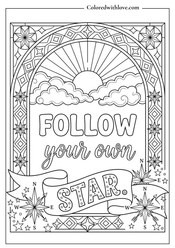 Starry night sky coloring page inside a stained-glass archway with the quote "Follow Your Own Star."