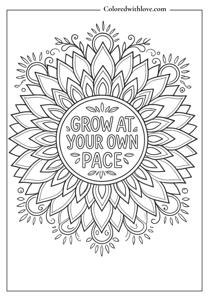Sun-inspired botanical coloring sheet featuring sunflowers, sunbeams, and the motivational quote "Grow At Your Own Pace.