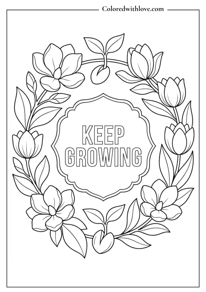 Black and white printable coloring page with roses, radiating sunbeams, and a banner reading "Keep on Growing Every Day.