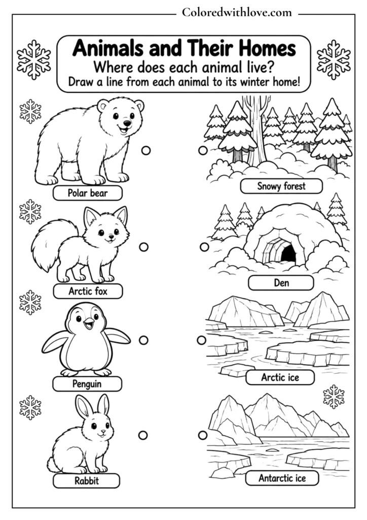 Winter animals and their homes matching coloring activity for kids