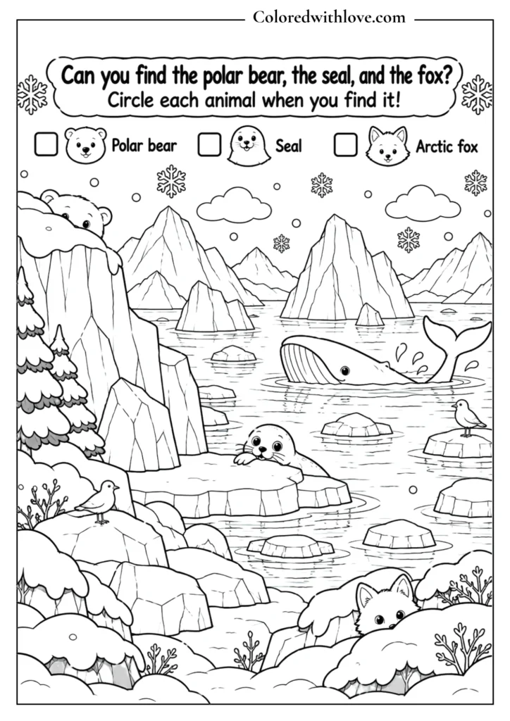 Find the polar bear, seal and Arctic fox winter activity coloring page