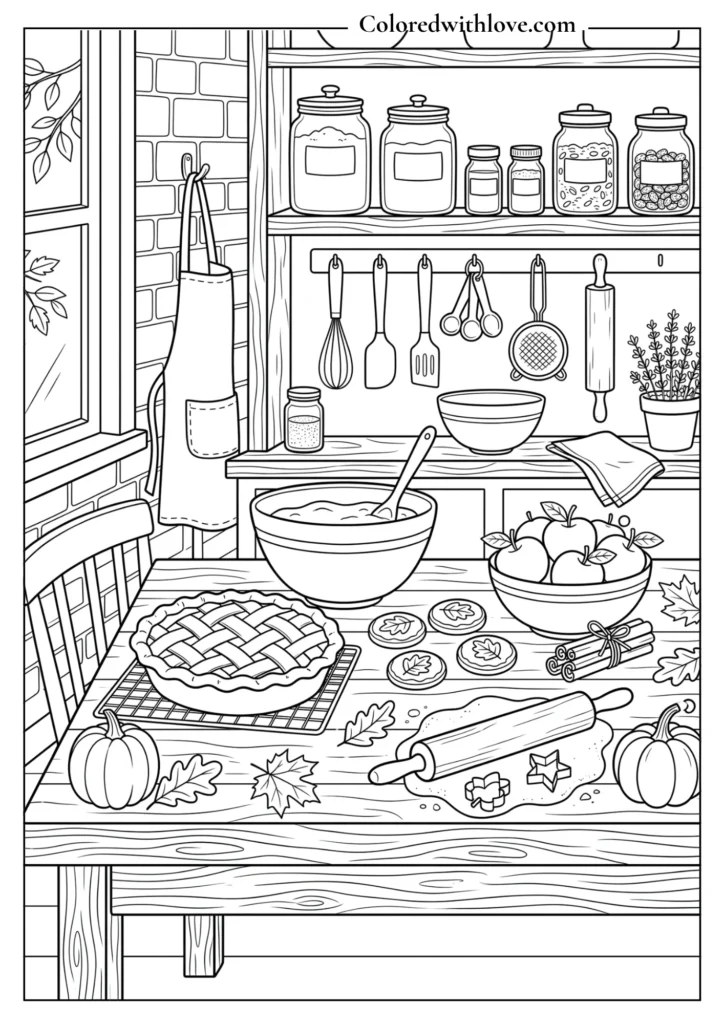 Fall coloring page featuring a cozy kitchen with pumpkin pie, apples, cinnamon sticks, baking utensils, cookies, pumpkins, and autumn leaves.