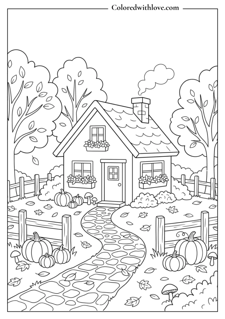 Cozy fall coloring page showing a small cottage surrounded by autumn trees, pumpkins, fallen leaves, mushrooms, a fence, and a winding path.