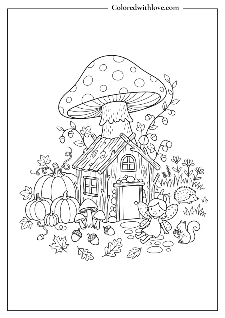 Whimsical fall coloring page featuring a tiny fairy house, mushroom, fairy, pumpkins, autumn leaves, acorns, flowers, vines, and woodland creatures.