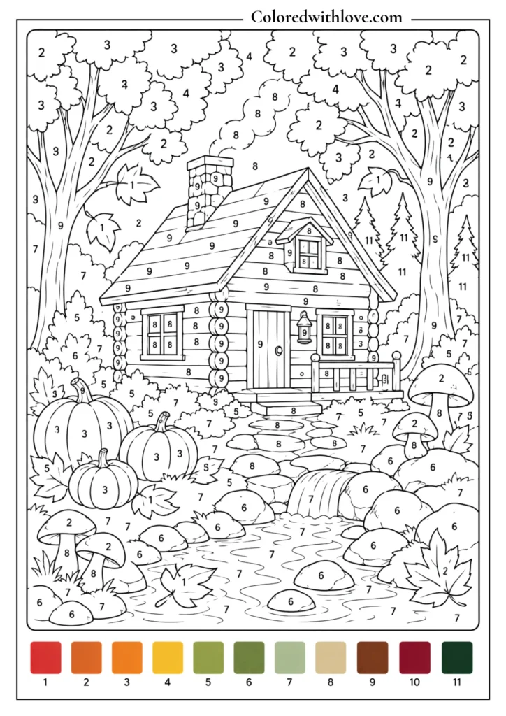 Adult color by number autumn cabin coloring page with fall trees, pumpkins, mushrooms, stream and leaves