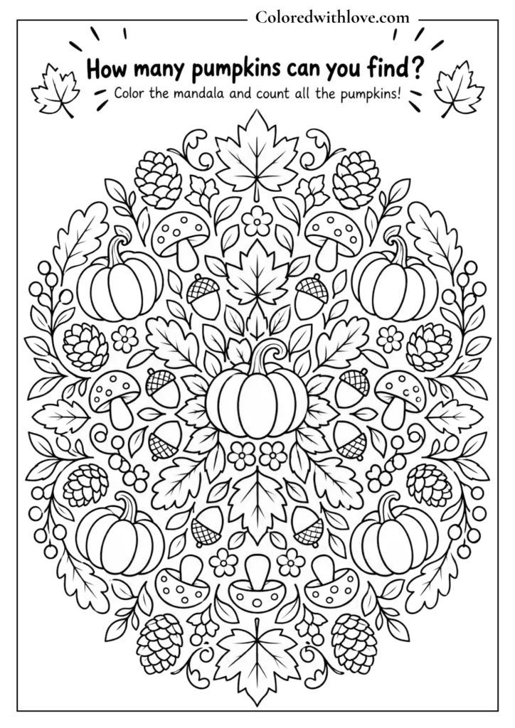 Fall coloring page featuring a symmetrical autumn mandala made from pumpkins, maple leaves, oak leaves, acorns, mushrooms, pinecones, berries, and vines.