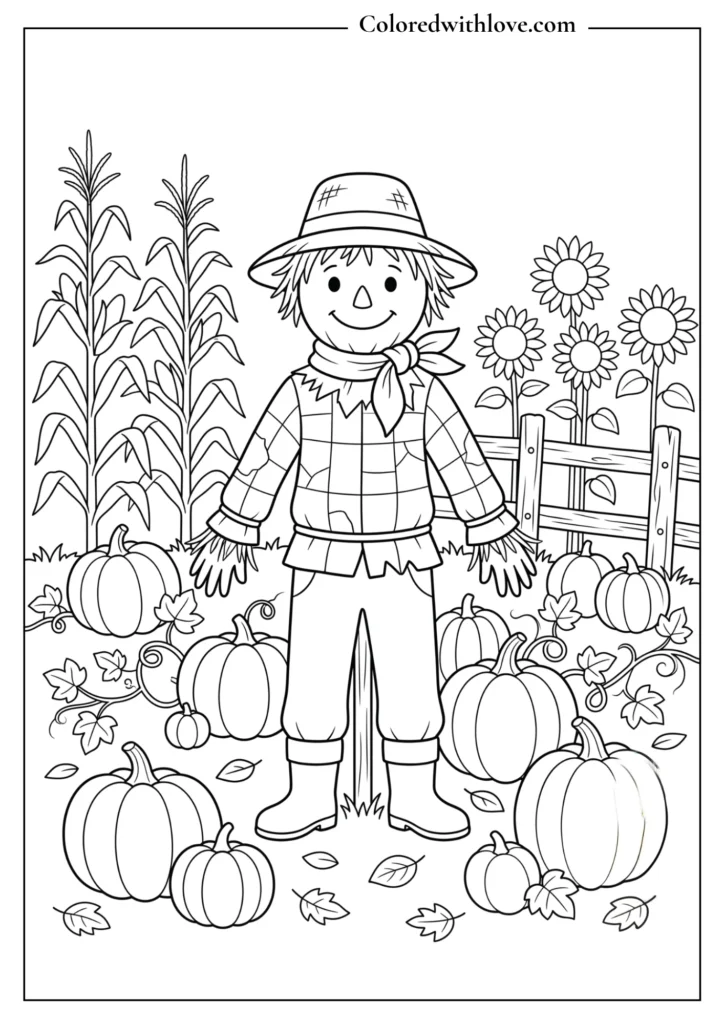Fall coloring page featuring a friendly scarecrow in a pumpkin field surrounded by corn stalks, sunflowers, pumpkins, vines, and autumn leaves.